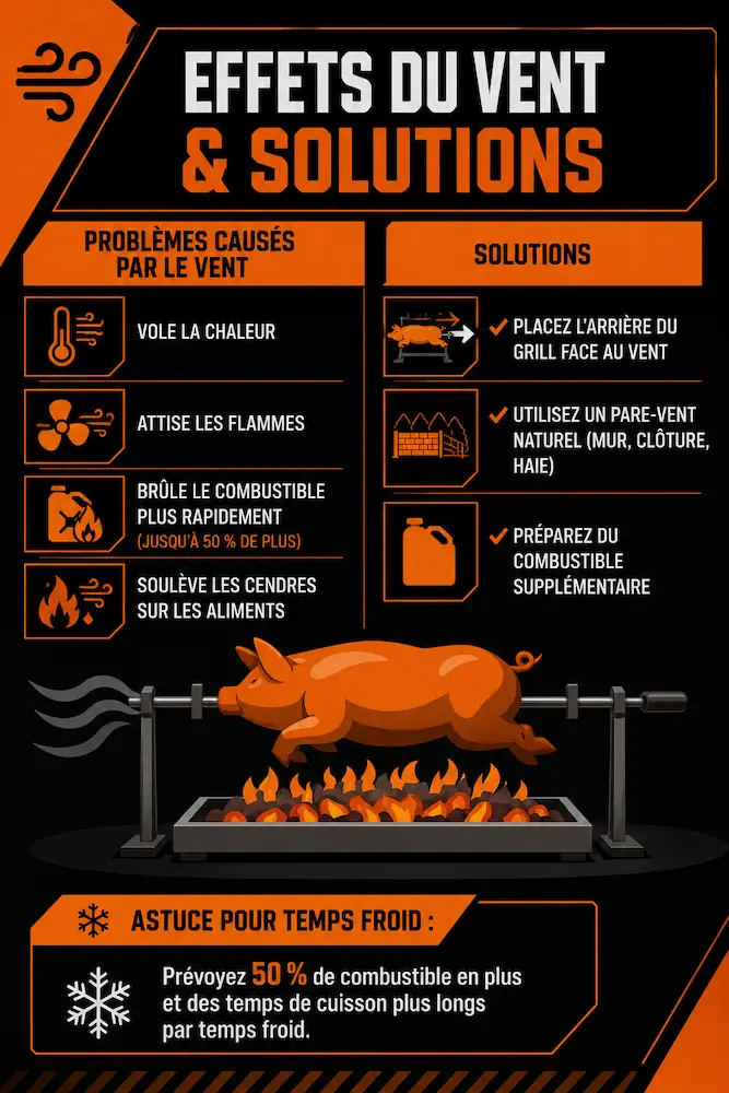 Effets du vent sur la cuisson au gril montrant des problèmes comme la perte de chaleur et les flambées avec des solutions pour contrôler l'impact du vent